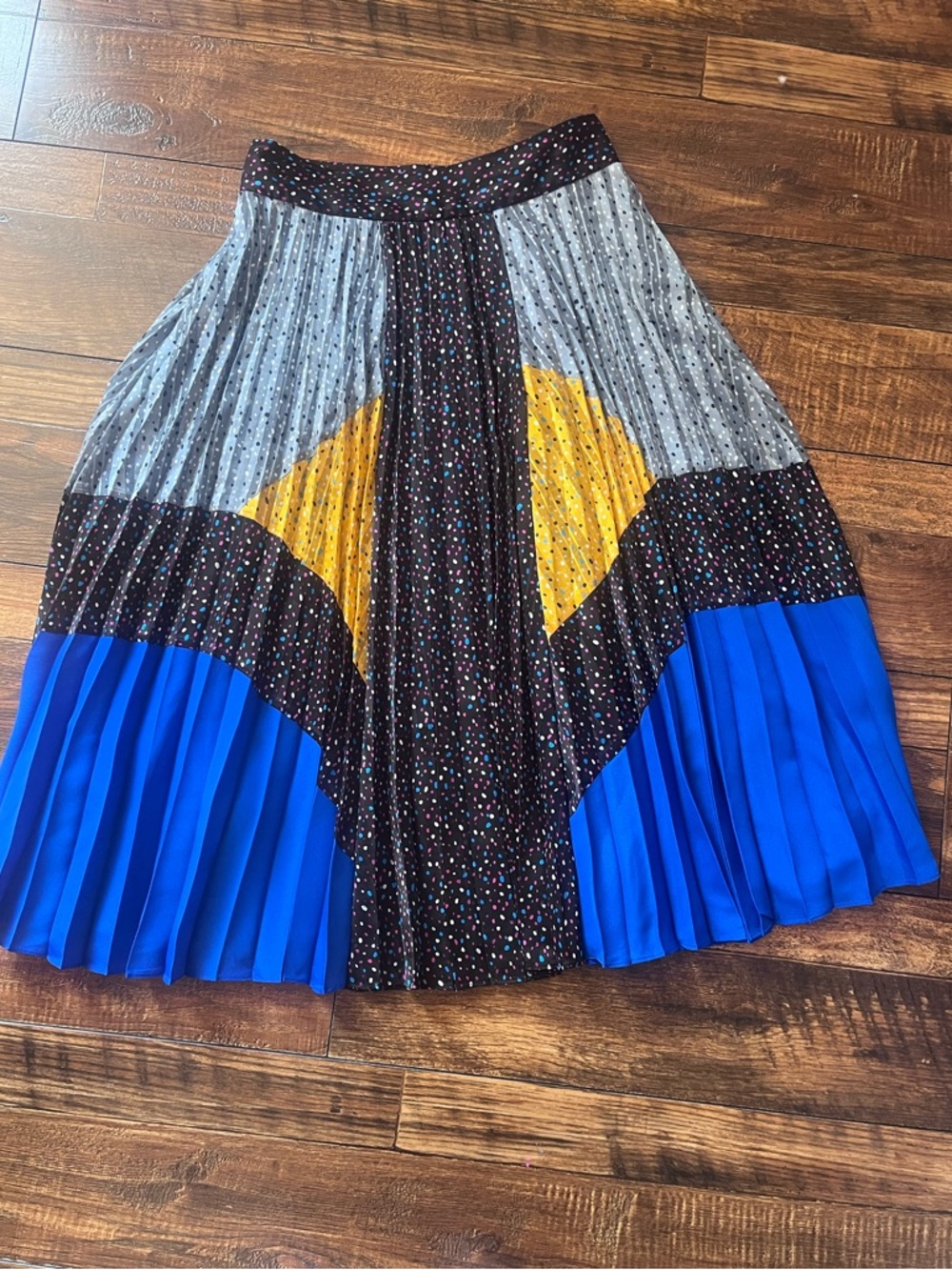 Coach Colorblock Pleated Midi Skirt in Blue, Yellow and Black